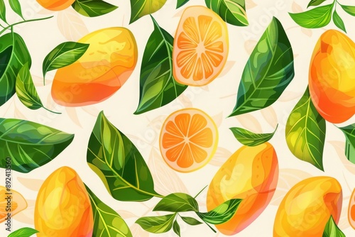 Tropical Fruit Seamless Pattern with Mangoes and Lemons