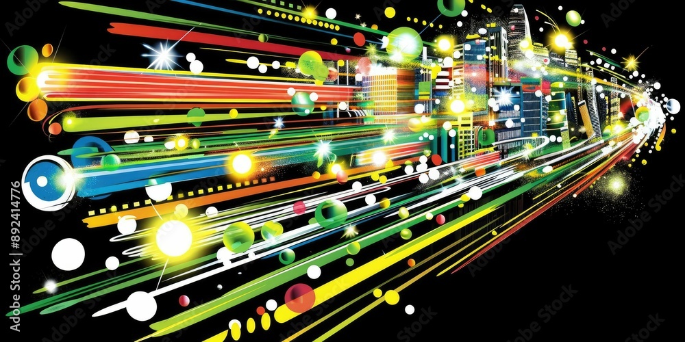 Fototapeta premium Cityscape with Neon Lights and Speed Lines