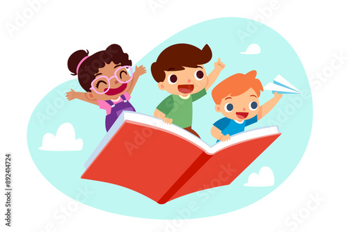 children riding a flying book in the sky