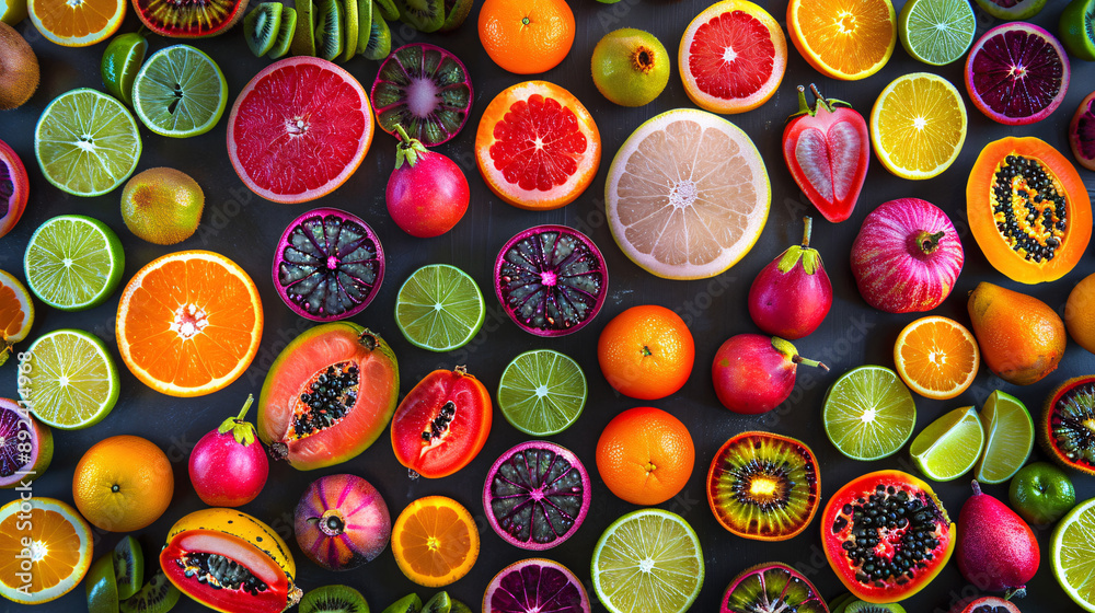 Colorful variety of fresh tropical fruits cut in half Colorful variety of fresh tropical fruits cut in half