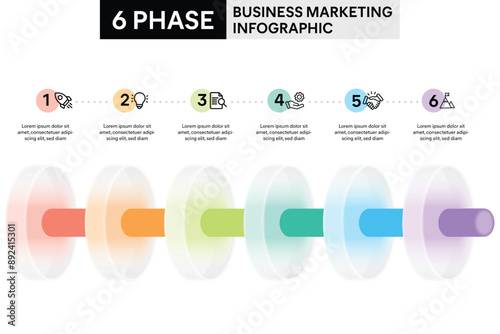 6 Phase Circle Shape Infographic in Glassmorphism Style with Cylinder Pipeline Infographic Template Illustration for Business Report.