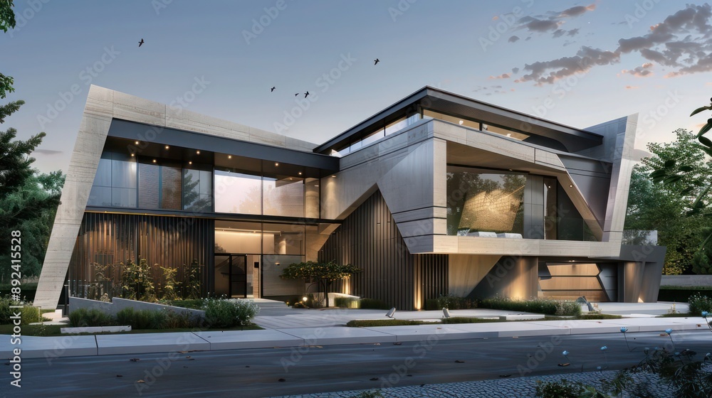 Front view of a modern suburban home with an understated luxury design, featuring angular architecture and a hidden entrance Front view of a modern suburban home with an understated luxury design, featuring angular architecture and a hidden entrance
