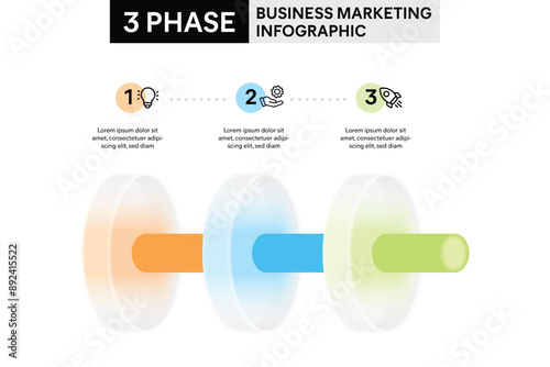 3 Phase Circle Shape Infographic in Glassmorphism Style with Cylinder Pipeline Infographic Template Illustration for Business Report.