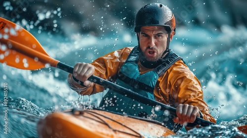 Close-up of a man athlete in a canoe canoeing at a slalom competition photo