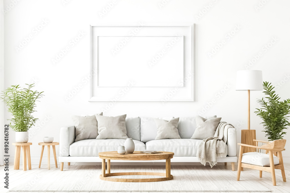 Naklejka premium Minimalist Living Room with White Sofa and Wooden Accents