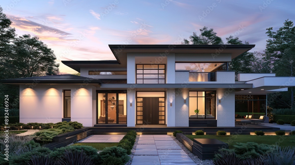 Front view of a modern suburban home with a minimalist facade, featuring clean lines and a hidden roof, at dawn Front view of a modern suburban home with a minimalist facade, featuring clean lines and a hidden roof, at dawn