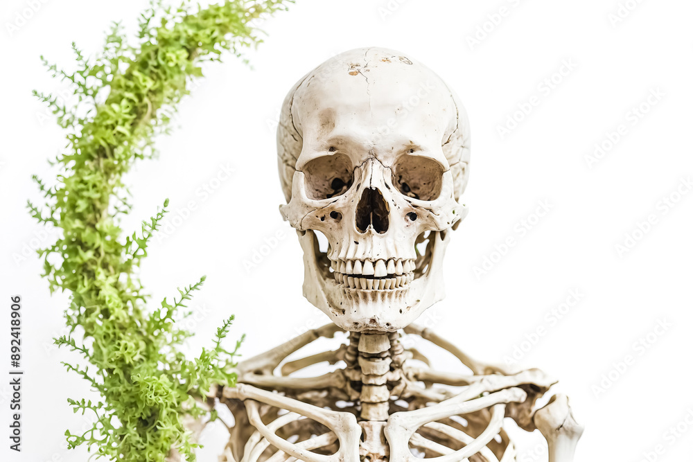 Human Skeleton with Green Plant on White Background Human Skeleton with Green Plant on White Background