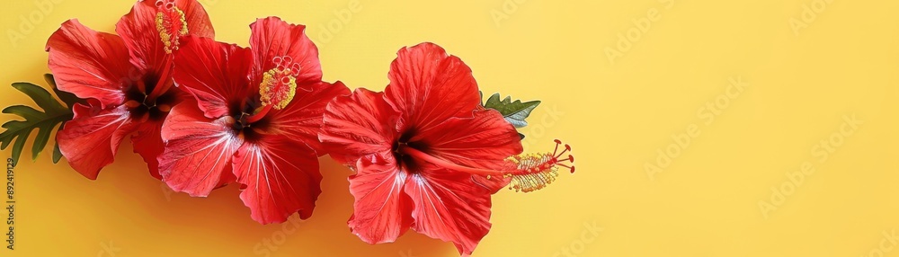 Fototapeta premium Vibrant Red Hibiscus Blossom on Yellow Background, Tropical Beauty in Focus<br>