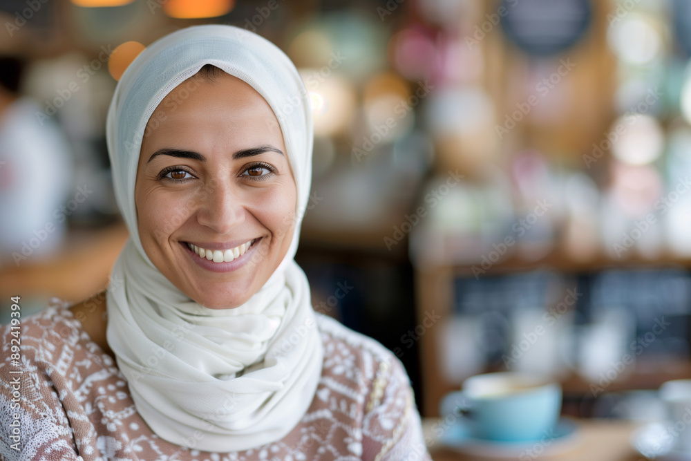Elegant hijab-clad lady with a radiant smile, enjoying a quiet moment with a cup of coffee, surrounded by rustic cafe decor Elegant hijab-clad lady with a radiant smile, enjoying a quiet moment with a cup of coffee, surrounded by rustic cafe decor