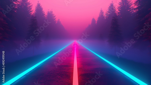 A neon-lit road stretches into the misty horizon, flanked by dark, silhouetted trees under a pink and purple sky in a surreal, futuristic landscape. photo