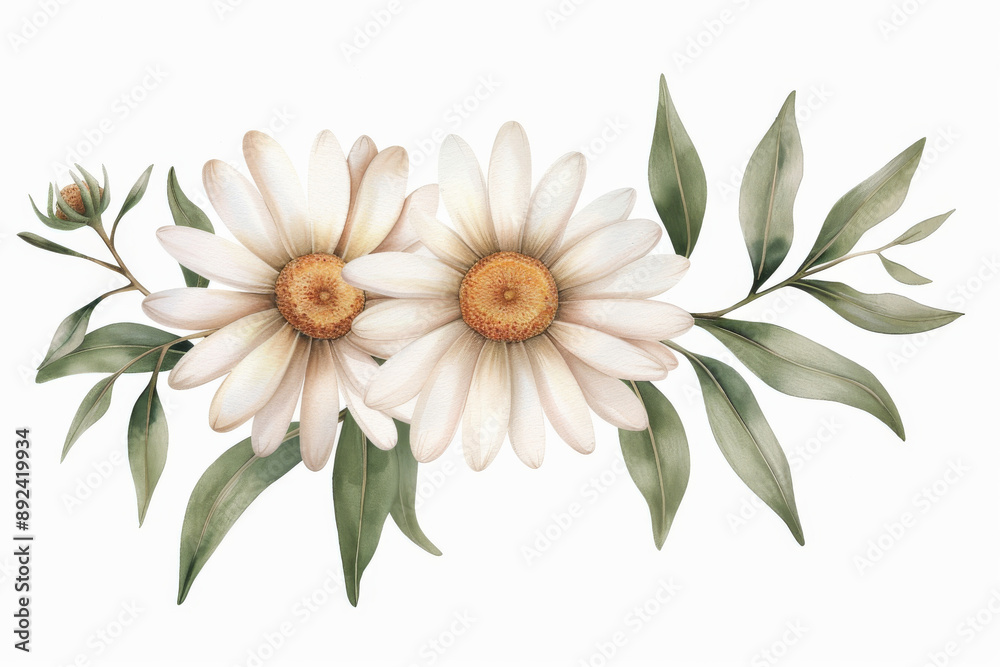 Fototapeta premium Beautiful illustration of white daisies with green leaves, perfect for nature-themed designs or floral decorations.
