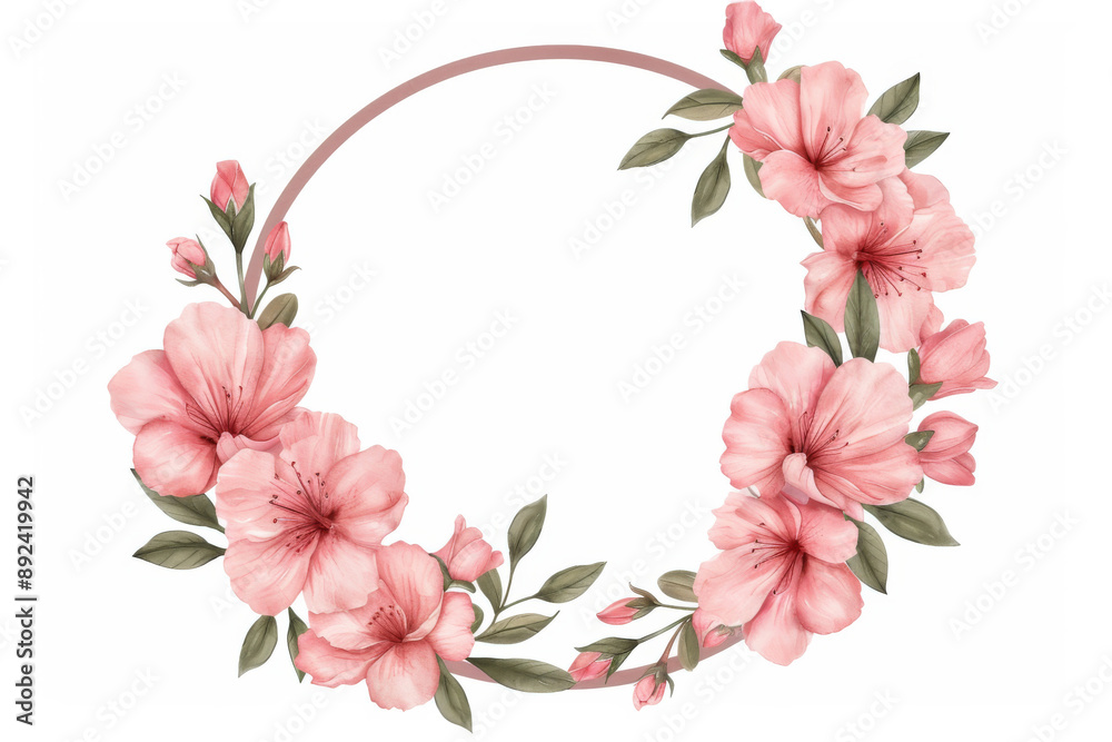 Fototapeta premium Beautiful pink floral wreath with watercolor design, perfect for invitations, greeting cards, and decorative elements.