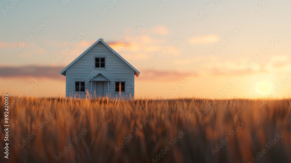 Charming white house in a golden wheat field at sunset. Beautiful rural landscape with warm, serene atmosphere, farmhouse silhouettes.