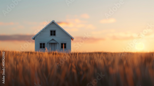 Charming white house in a golden wheat field at sunset. Beautiful rural landscape with warm, serene atmosphere, farmhouse silhouettes.