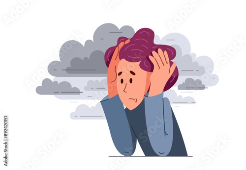 Young man feeling stressed and uncomfortable, vector illustration of a person having mental disorder panic and anxiety, psychological problems.