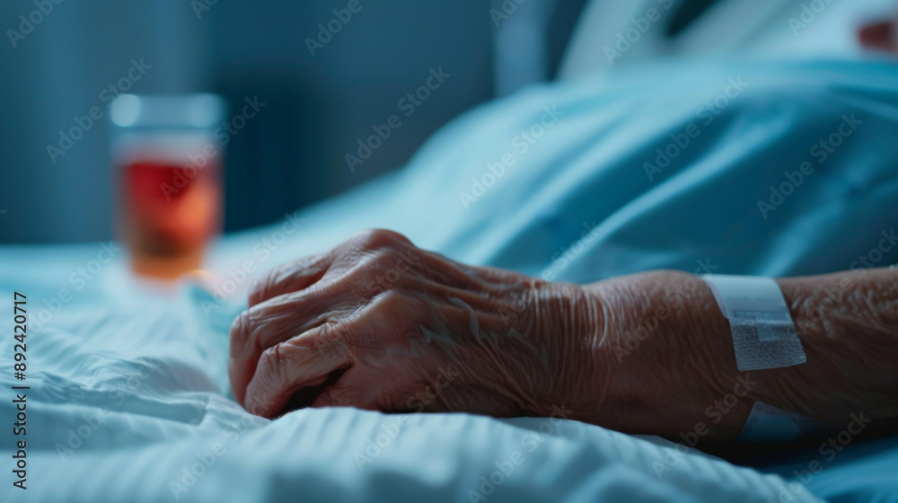 Fototapeta premium Elderly patient resting in a hospital bed with a wristband, showing the close-up hand and medical environment for healthcare concept.