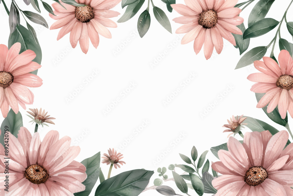 Obraz premium Elegant floral frame with pink flowers and green leaves, perfect for invitations, greeting cards, and decorative design projects.