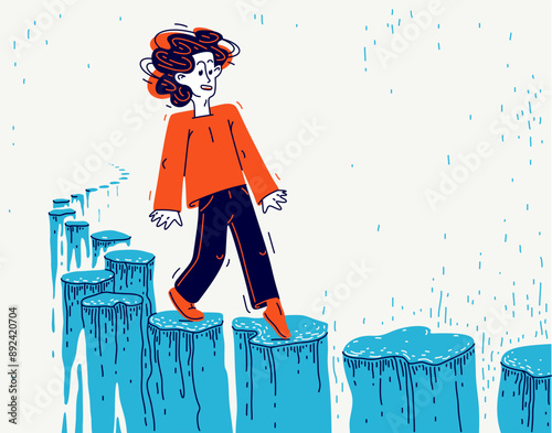 Young man walking a risky path, vector illustration of a guy walks over abyss, hard and dangerous life period concept.