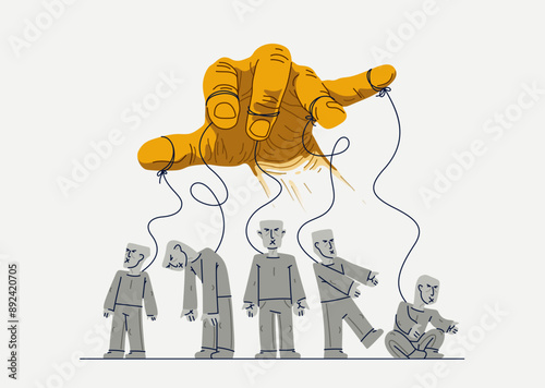 Hand of a toxic manipulator controls his victims, social zombies concept, social manipulations dictatorship and control, cultural code, vector illustration of psychological manipulation.