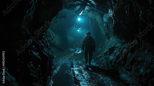 Miner Working in a Dark Underground Tunnel