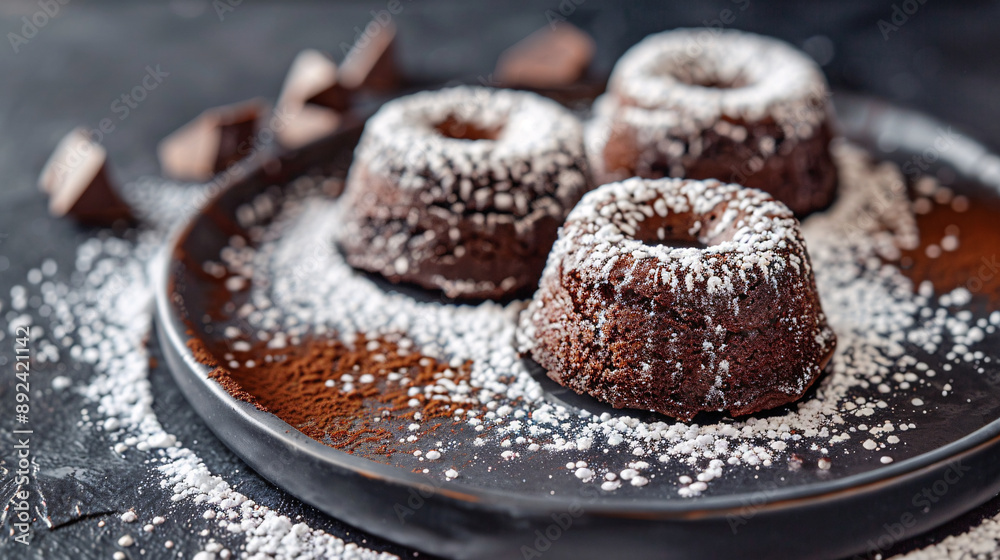 Freshly baked chocolate lava cakes with powdered sugar Freshly baked chocolate lava cakes with powdered sugar