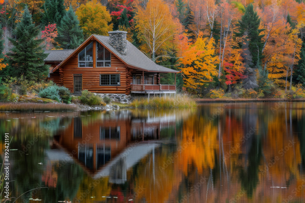 Log cabin by the lake in the woods, water reflections in fall, secluded lake house getaway Log cabin by the lake in the woods, water reflections in fall, secluded lake house getaway