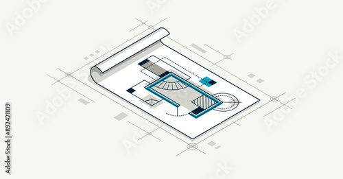 Engineering project concept, paper document blueprint engineer work vector 3D isometric illustration, abstract draft drawing, cad technical plan.