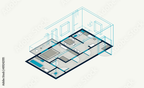 Floorplan implementation drawing with pencil, flat plan residential house or apartment blueprint, 3D isometric vector illustration, interior design project top view.