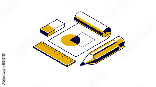 Engineering project concept, paper document blueprint with pencil engineer work job vector 3D isometric illustration, abstract plan drawing, cad scheme icon.