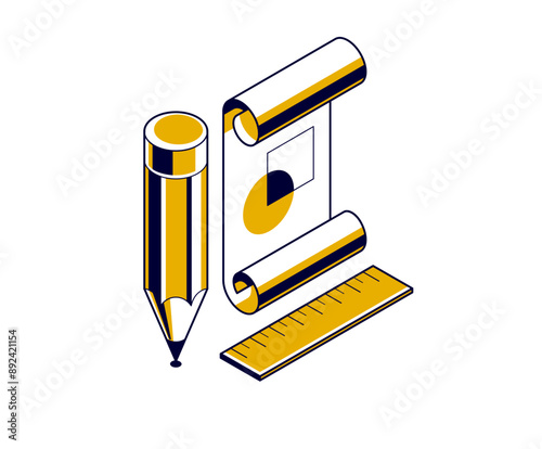 Engineering project concept, paper document blueprint with pencil engineer work job vector 3D isometric illustration, abstract plan drawing, cad scheme icon.