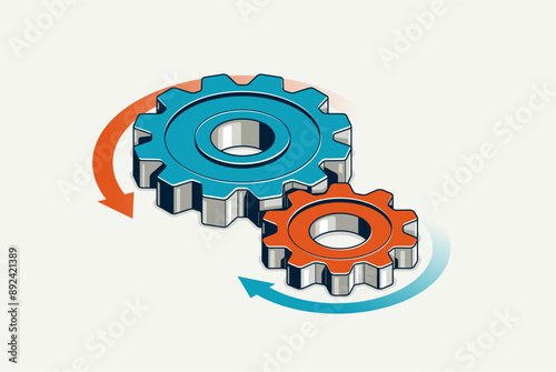 Two gears in mechanical motion vector 3D isometric illustration, teamwork and cooperation concept, engineering and machinery, machine engine, industry manufacturing.