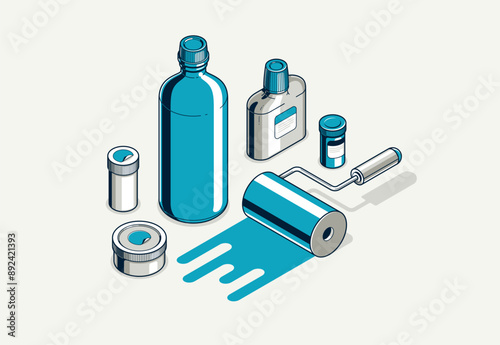 Paints inks and pigments vector 3D isometric illustration, wall paints for decoration and renovation, shades palette swatches different tints.
