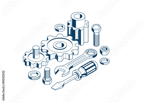 Invention renovation concept, gears and tools in 3D isometric projection vector illustration, technical theme, cogs and bolts machinery and engine creation.