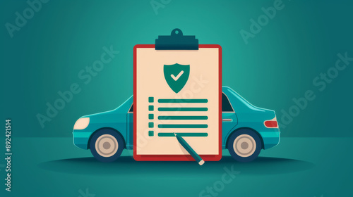 Illustration of car insurance concept with a clipboard, checklist, and car on a blue background, representing vehicle protection.