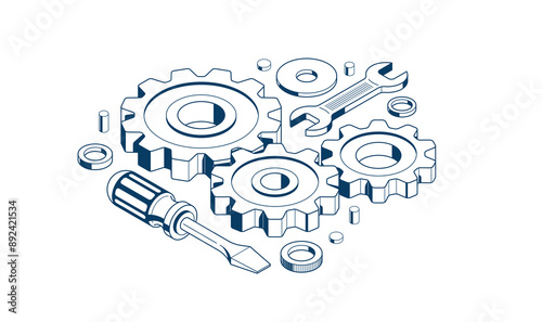 Repair and maintenance concept, technics service, gears and tools in 3D isometric projection vector illustration, technical mechanical workshop.