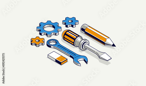 Engineering project in embodiment implementation concept, engine work progress, gears and cogs with pencil and tools, 3D isometric vector illustration.
