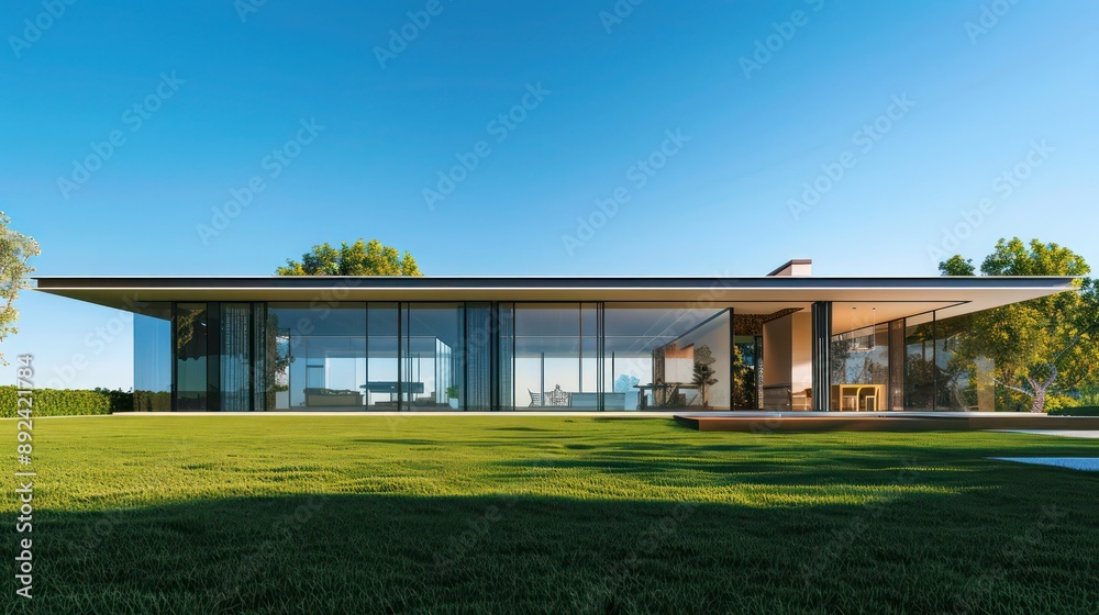Front view of a sleek, minimalist suburban home with a large glass facade and manicured lawn, under a clear blue sky