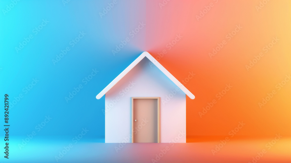Minimalist white house model with contrasting blue and orange background, representing warmth and coolness in home environments. Minimalist white house model with contrasting blue and orange background, representing warmth and coolness in home environments.