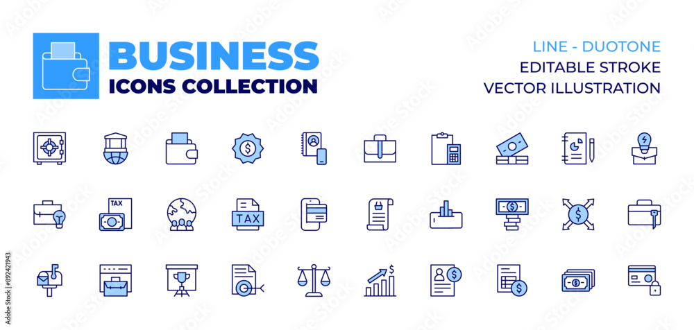 Business icons collection. Line icons, doutone style, editable stroke, vector illustration. briefcase, bill, bar chart, analytics, accounting, credit, tax, target, sticker, statistics. Business icons collection. Line icons, doutone style, editable stroke, vector illustration. briefcase, bill, bar chart, analytics, accounting, credit, tax, target, sticker, statistics.