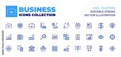 Business icons collection. Line icons, doutone style, editable stroke, vector illustration. family, presentation, ticket, data analytics, archive, transfer, workflow, vision, training.