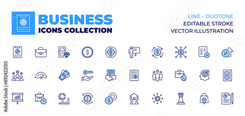 Business icons collection. Line icons, doutone style, editable stroke, vector illustration. money, key, investment, business, contract, objective, growth, presentation, ticket, cycle, approach.