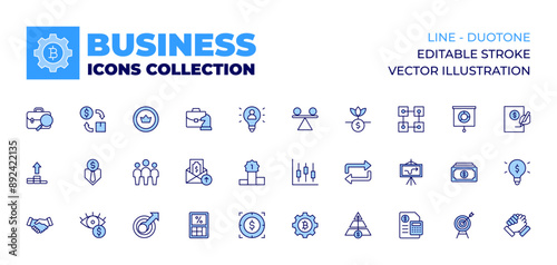 Business icons collection. Line icons, doutone style, editable stroke, vector illustration. handshake, job seeker, interest rate, business man, currency, cash flow, coin, comfort zone, team leader. photo