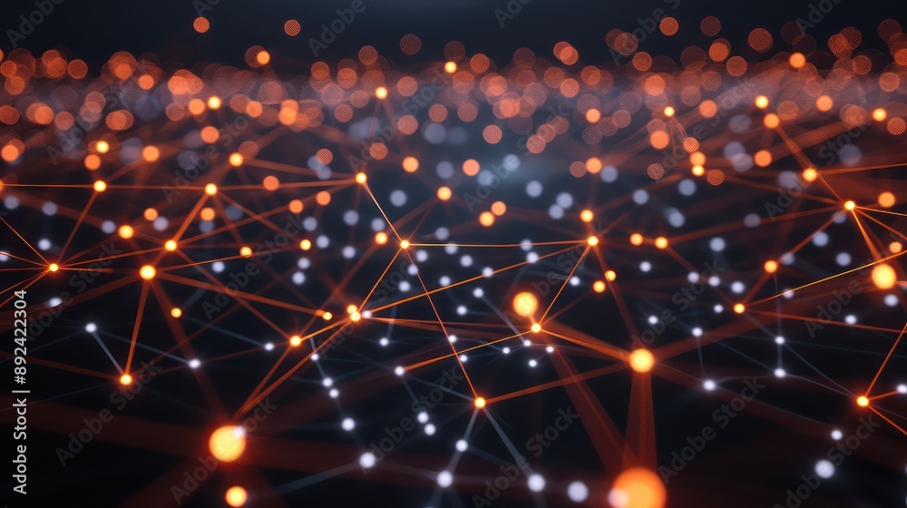 Obraz premium Cool-toned dots connected by laser-like lines, creating a network on a black background with a significant area reserved for text