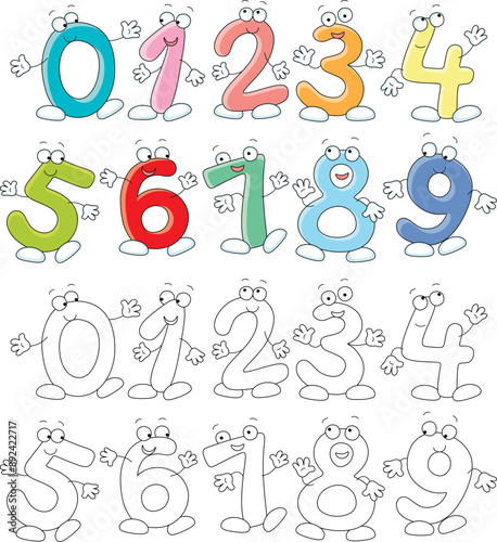Funny cartoonish numbers merrily dancing, jumping and swirling at a fun party, a set of color and black-and-white vector cartoon illustrations for a coloring book