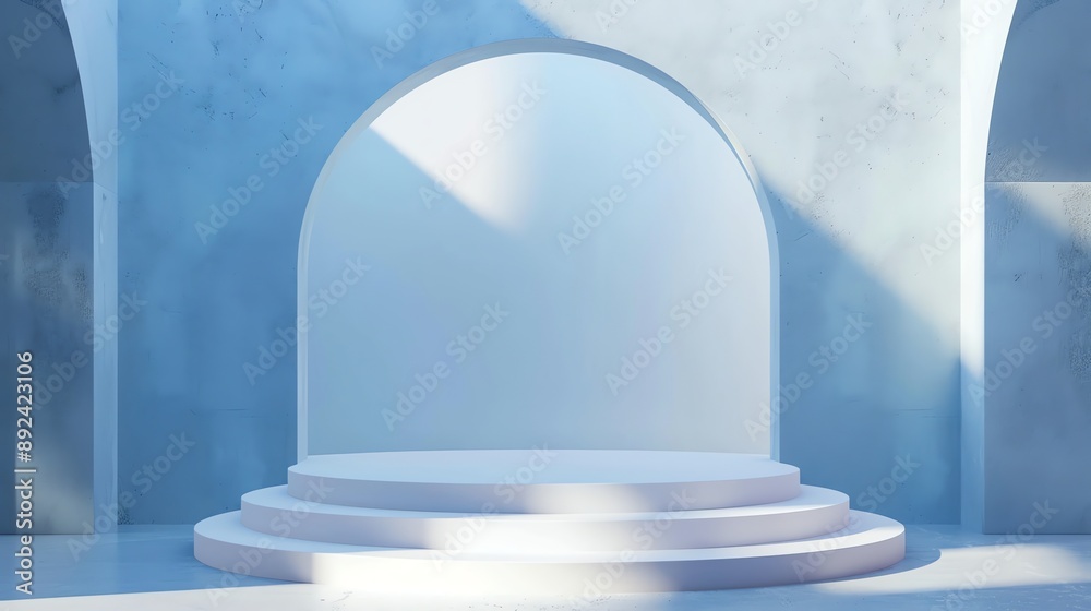 3D rendering of a blue concrete room with a large archway in the back. There is a white podium in the center of the room.