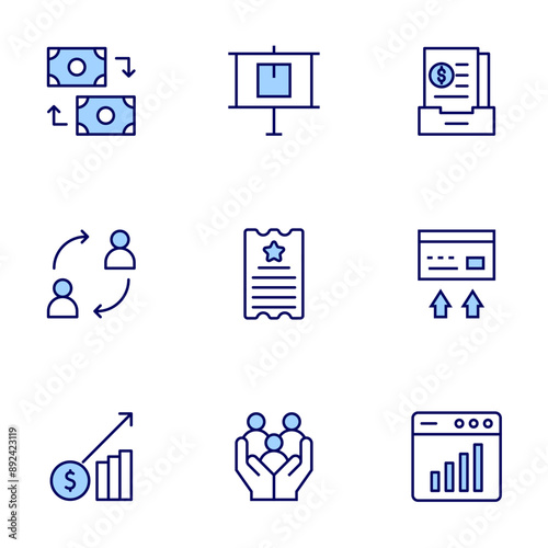 Business icons set. Line icons, doutone style, editable stroke, vector illustration. business, change, exchange, family, presentation, ticket, data analytics, archive, transfer. photo