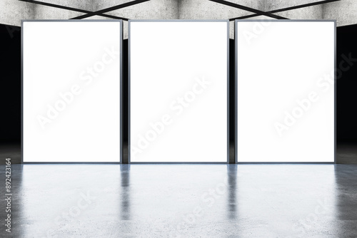 Fototapeta Naklejka Na Ścianę i Meble -  Blank white billboards in a modern interior room. 3D Rendering