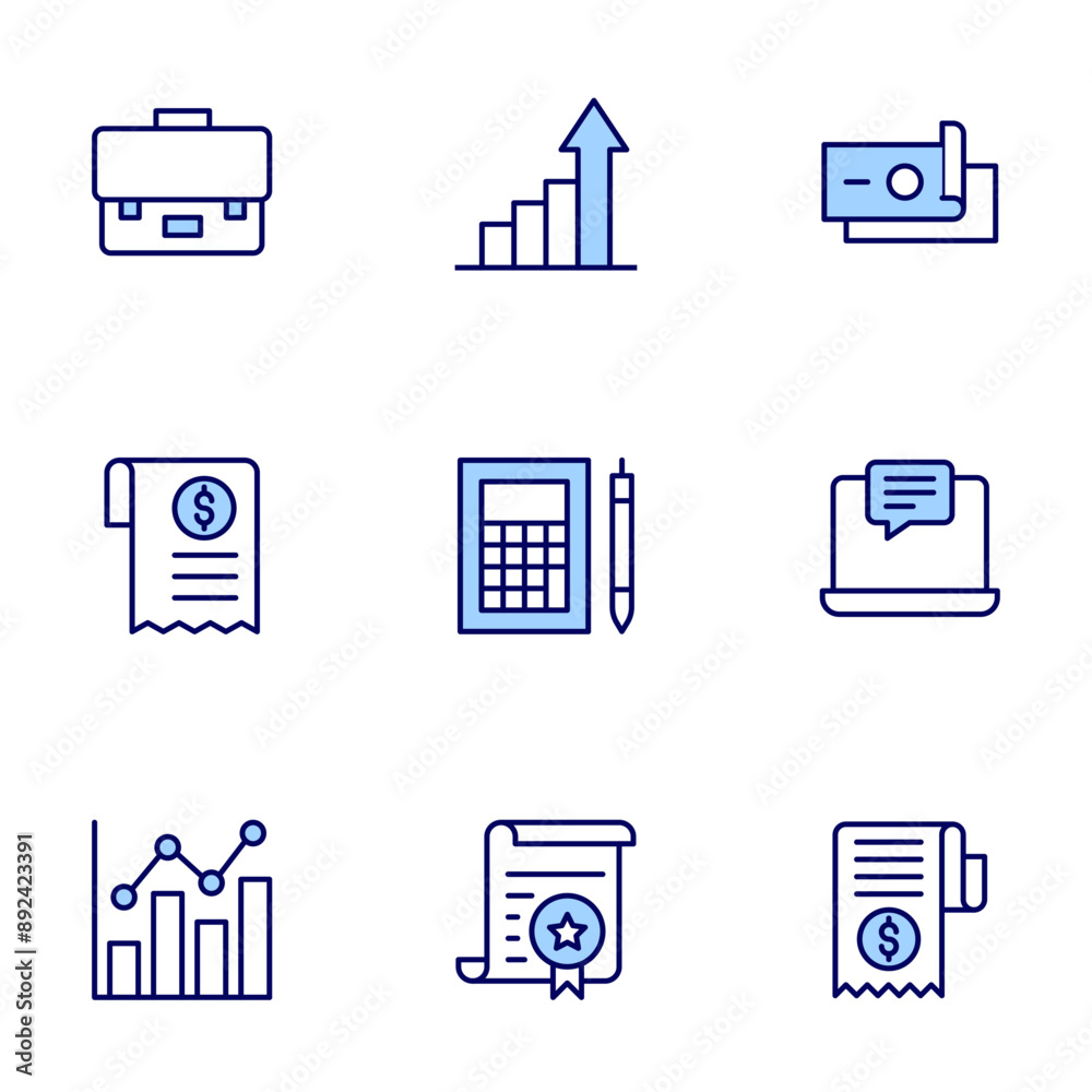 Business icons set. Line icons, doutone style, editable stroke, vector illustration.briefcase, bill, bar chart, analytics, accountant, contract, money, laptop, invoice.