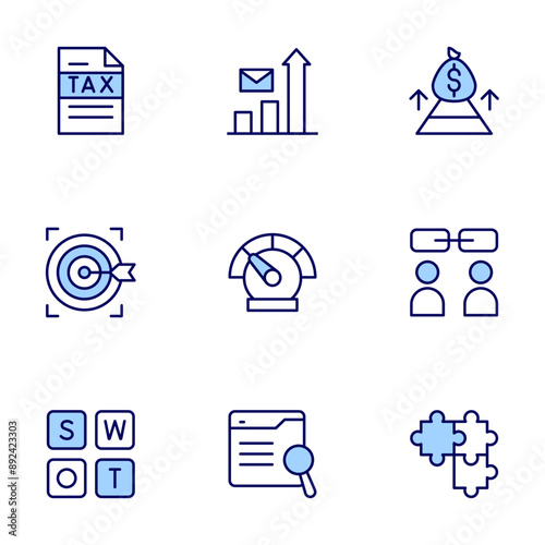 Business icons set. Line icons, doutone style, editable stroke, vector illustration. tax, target, swot analysis, stats, speedometer, search, relationship, puzzle, money bag. photo