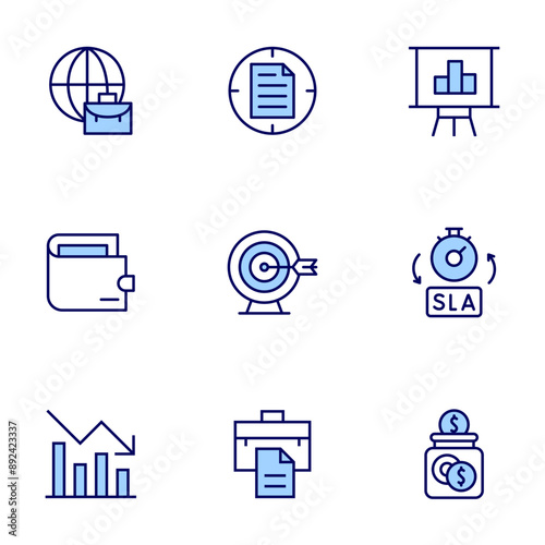 Business icons set. Line icons, doutone style, editable stroke, vector illustration. trend, target, suitcase, statistics, sla, savings, worldwide, wallet.